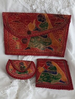 Hand-Painted Red Leather Clutch Set with Traditional Motif